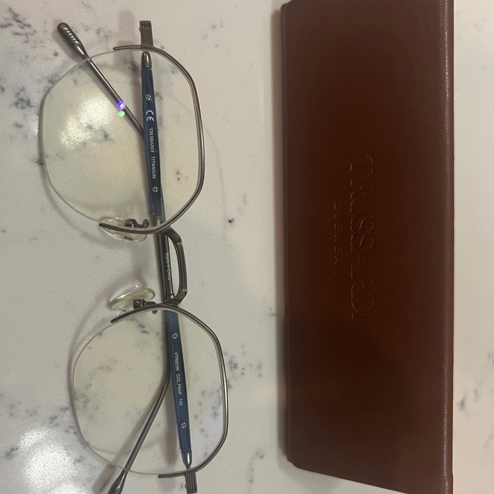 Trussardi Brown Leather Case with Silver Rimless Glasses and Blue Temples